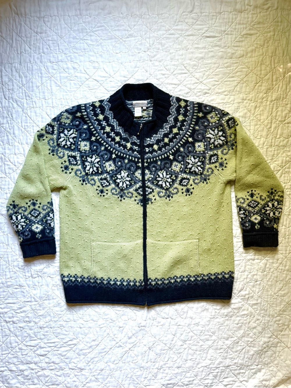 Vintage Coldwater Creek Lime Green Zip-Up Fair Isle Cardigan Lambswool Angora